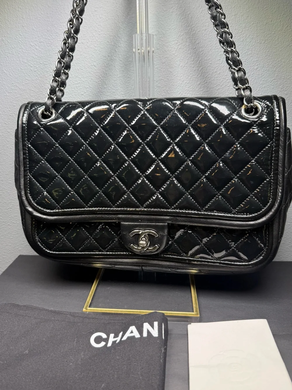 CHANEL Black Quilted Patent Leather Shoulder Bag with Chain Strap